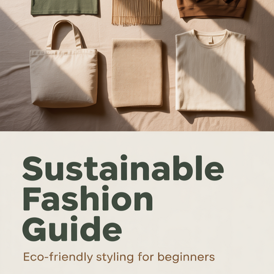 Beginner-friendly sustainable fashion layout with organic clothing and earthy tones. Text: “Sustainable Fashion Guide – Eco-Friendly Styling.”