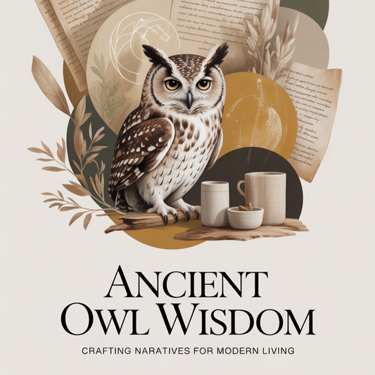 Illustrated owl with ancient-inspired textures and warm tones, featuring text “Ancient Owl Wisdom: Crafting Narratives for Modern Living.”