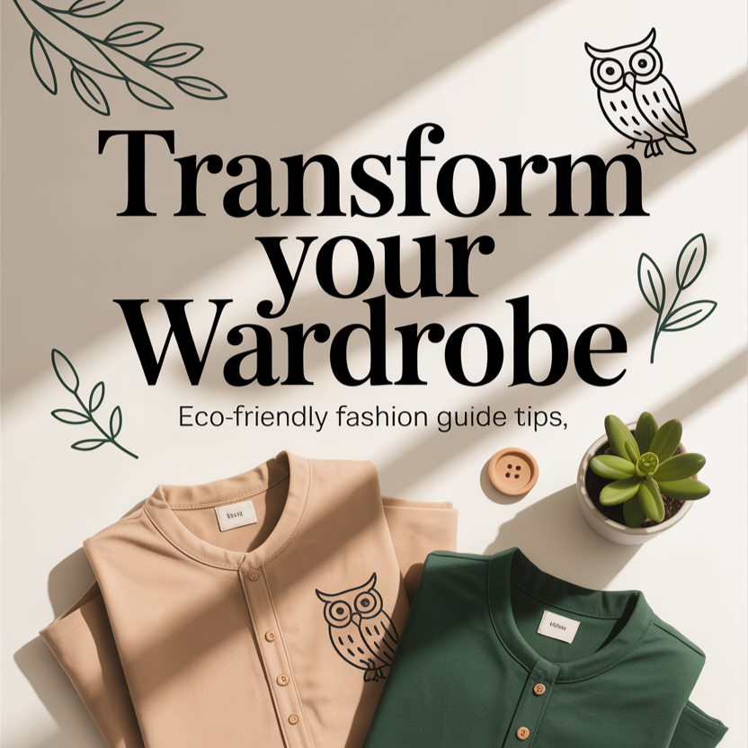 Eco-friendly fashion guide cover with neutral clothing and owl-inspired minimal accents. Text: “Transform Your Wardrobe – Eco-Friendly Tips”.