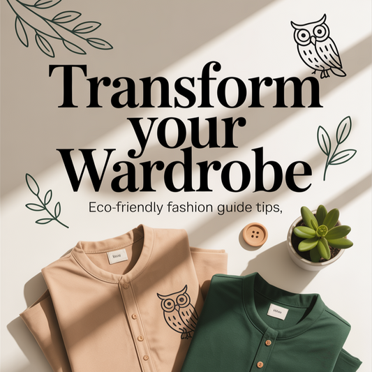 Eco-friendly fashion guide cover with neutral clothing and owl-inspired minimal accents. Text: “Transform Your Wardrobe – Eco-Friendly Tips”.