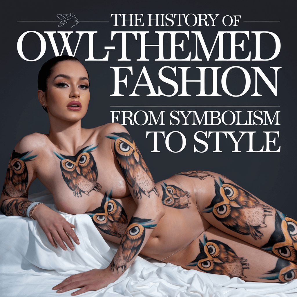 An elegant owl-themed fashion design, showcasing intricate owl motifs on clothing, representing the symbolism of wisdom and mystery in fashion trends throughout history.