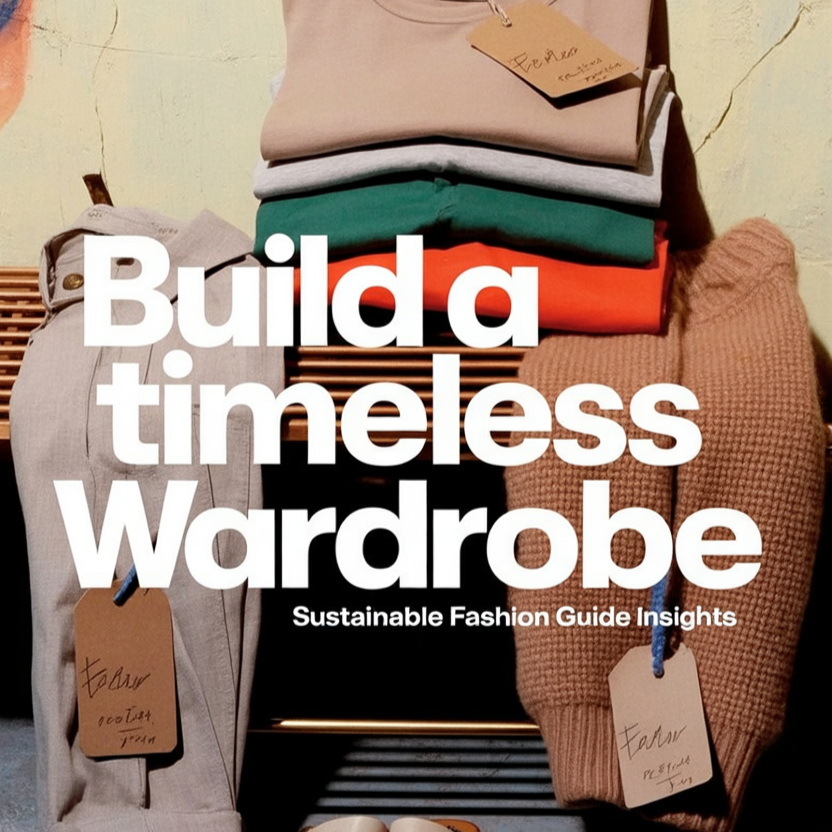 Minimalist eco-friendly wardrobe scene with soft neutrals and text reading “Build a Timeless Wardrobe: Sustainable Fashion Guide Insights.”