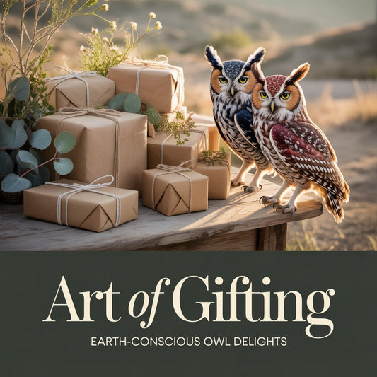 Embroidered-style owls beside eco-friendly gift boxes in a nature-inspired setting, symbolizing sustainable gifting and eco-friendly owl clothing.