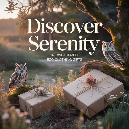 Embroidered-style owls beside eco-friendly wrapped gift boxes in a peaceful forest setting, symbolizing sustainable owl-themed clothing gifts and mindful living.