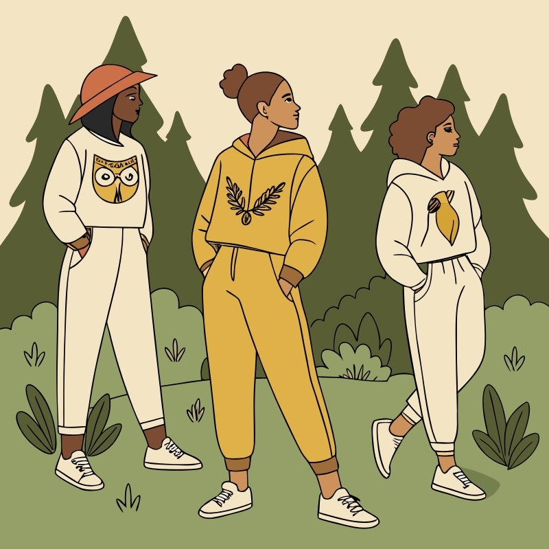 Models wearing wildlife-themed eco-fashion outfits including owl-inspired apparel, styled sustainably in a natural forest setting.