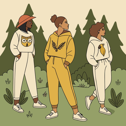 Models wearing wildlife-themed eco-fashion outfits including owl-inspired apparel, styled sustainably in a natural forest setting.