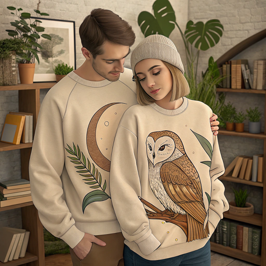 A person wearing an owl-themed unisex organic sweatshirt in a peaceful nature setting, representing sustainable fashion and ethical style in the USA.