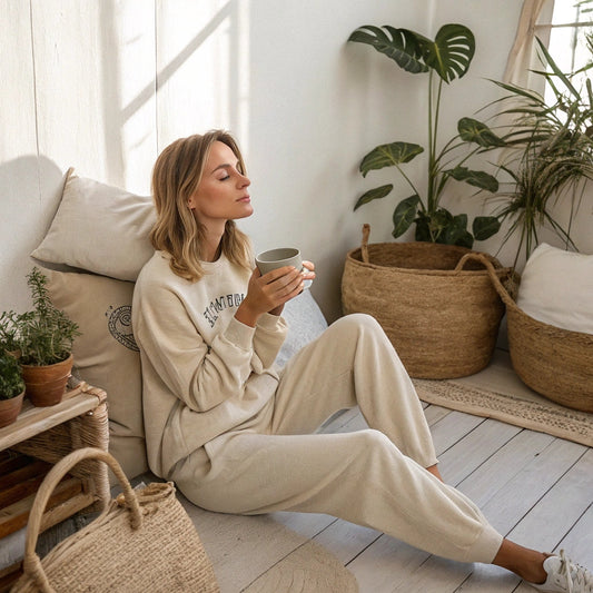A woman relaxing in a sunlit, eco-chic room wearing a soft organic cotton sweatshirt, surrounded by natural textures and houseplants, representing sustainable and conscious fashion.