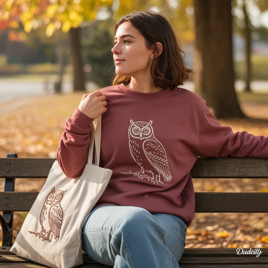 Young adult wearing owl-embroidered eco sweatshirt and carrying a tote bag in a peaceful autumn park, styled in eco-conscious fashion reflecting nature and sustainability.
