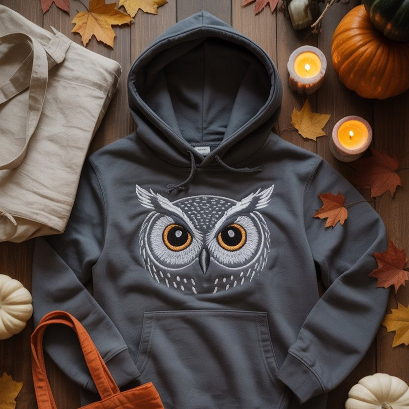 Cozy Halloween flat lay with owl hoodie and fall decor. Eco-friendly fashion celebrating owl-inspired autumn style in the USA.