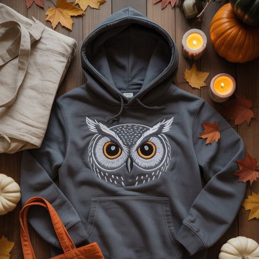 Cozy Halloween flat lay with owl hoodie and fall decor. Eco-friendly fashion celebrating owl-inspired autumn style in the USA.