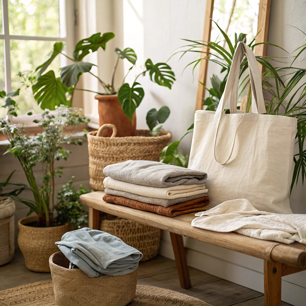 A serene indoor scene with folded eco-friendly clothing, a reusable tote bag, and plants—highlighting sustainable fabric choices like organic cotton, hemp, and Tencel.