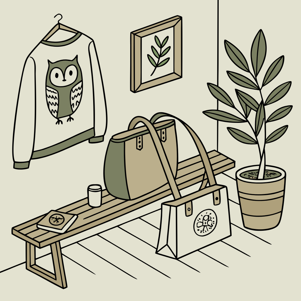 Flat-lay of embroidered owl-themed organic sweatshirts and eco T-shirts arranged with plants and feathers, styled in a warm lifestyle setting for eco-conscious gifting.