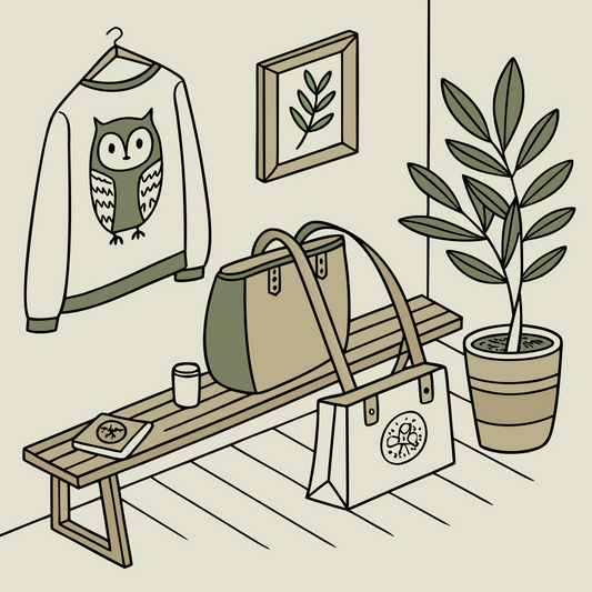Flat-lay of embroidered owl-themed organic sweatshirts and eco T-shirts arranged with plants and feathers, styled in a warm lifestyle setting for eco-conscious gifting.