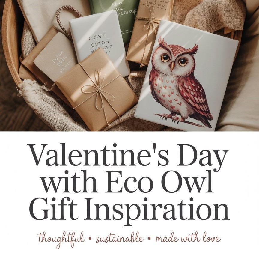 Eco-friendly Valentine’s Day owl gift ideas with organic fashion items and romantic text celebrating sustainable love in the USA.