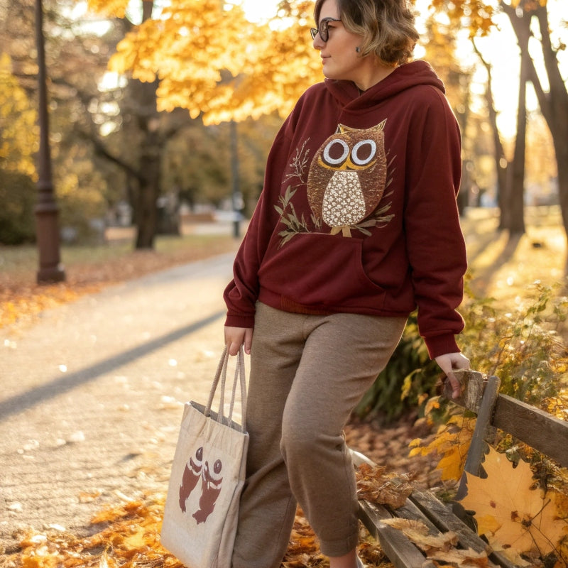 Person wearing an owl-embroidered organic sweatshirt, sitting on a rustic bench surrounded by autumn leaves, with an eco tote bag and warm sunlight—sustainable and ethical fall fashion vibe.