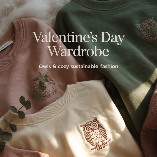 Cozy Valentine’s Day wardrobe featuring owl-inspired sustainable sweatshirts and hoodies with romantic, eco-friendly styling.