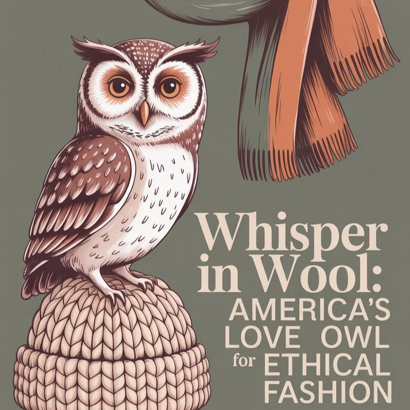 Cozy wool-textured cover with a hand-drawn owl, folded autumn clothing, and stitched ethical details. Title “Whisper in Wool” appears in warm cream tones.