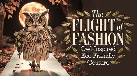 Luna the owl struts down an eco-friendly runway, feathers gleaming, showing off natural, sustainable fashion in an enchanting woodland setting.