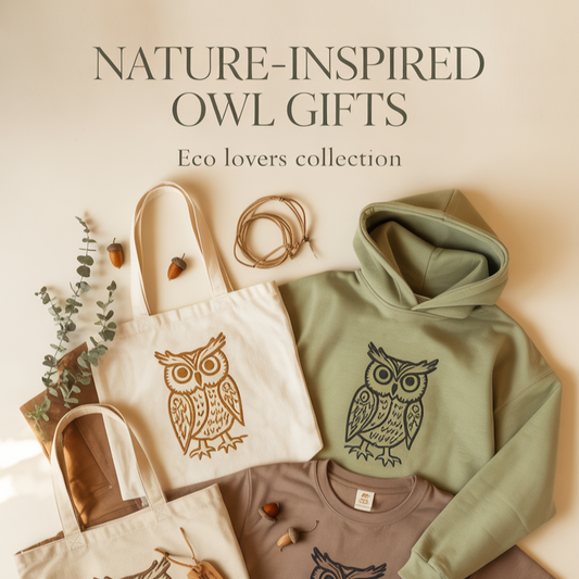 Eco-friendly owl-themed gifts including sustainable apparel and totes in warm nature tones with text: “Nature-Inspired Owl Gifts for Eco Lovers.”