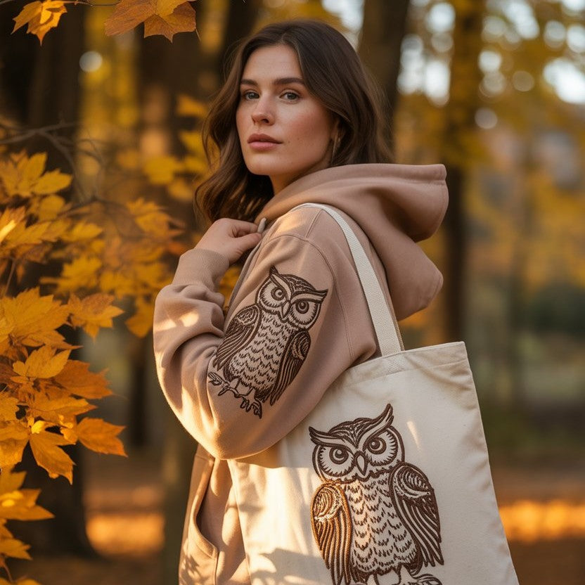 Model wearing owl embroidered eco hoodie and tote bag in autumn forest