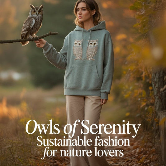 Model in eco-friendly owl hoodie in autumn forest. Calm, sustainable fashion for nature lovers embracing mindful style.