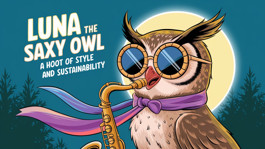 A stylish owl wearing oversized bamboo sunglasses, a flowing recycled fabric scarf, and playing a golden saxophone under neon moonlight.