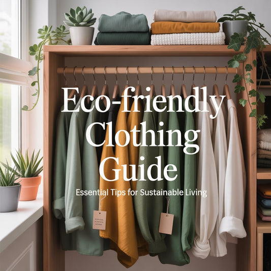Minimalist eco-friendly wardrobe with organic clothing and text “Eco-Friendly Clothing Guide: Essential Tips for Sustainable Living.