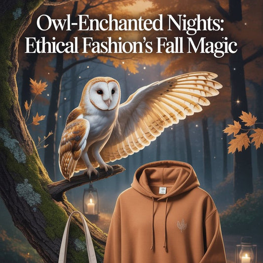 An owl under fall moonlight beside a cozy eco hoodie — blending nature’s mystery with sustainable, ethical USA fashion.