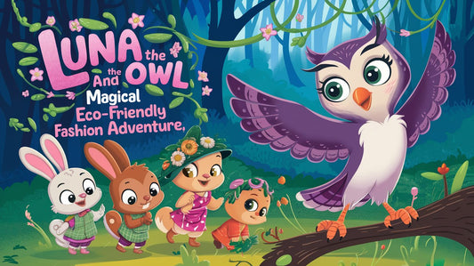 Luna the owl guiding a group of young woodland creatures as they create fun, eco-friendly clothes using natural materials like leaves, flowers, and vines.