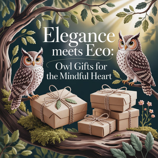 Embroidered-style owls beside eco-friendly wrapped gift boxes in a peaceful natural setting, symbolizing sustainable owl clothing gifts and mindful living.