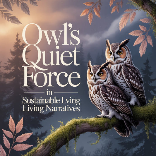 Embroidered-style owl perched in a calm twilight forest with soft light and mist, symbolizing eco-friendly owl clothing and sustainable living storytelling.