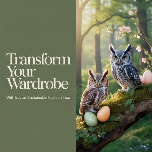 Embroidered-style owls in a spring forest with pastel Easter elements and soft sunlight, representing eco-friendly owl clothing and sustainable fashion transformation.