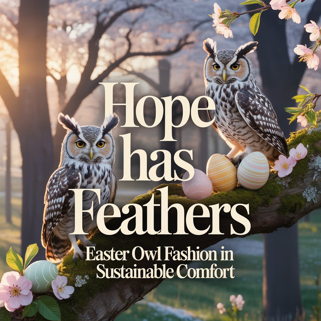 Embroidered-style owls perched in a soft spring forest with pastel Easter eggs and flowers, representing eco-friendly owl clothing and sustainable comfort.