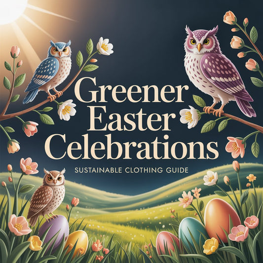 Embroidered-style owls in a vibrant spring meadow with pastel Easter elements and sunlight, representing eco-friendly owl clothing and sustainable celebrations.