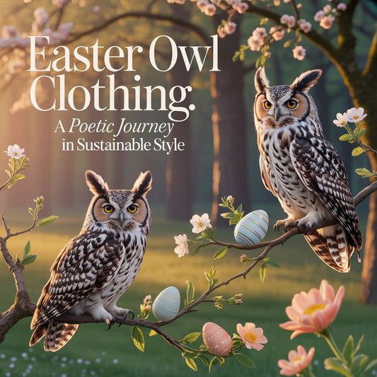 Embroidered-style owls on blooming spring branches with soft Easter elements and golden light, representing eco-friendly owl clothing and poetic sustainable fashion.