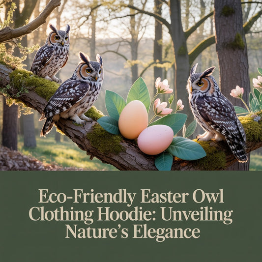 Embroidered-style owls in a serene spring forest with pastel Easter elements, symbolizing eco-friendly owl clothing hoodies and sustainable fashion elegance.