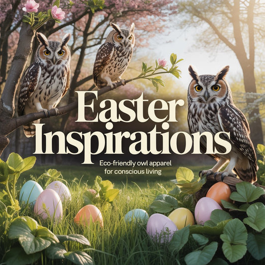 Embroidered-style owls in a blooming spring forest with pastel Easter elements and sunlight, representing eco-friendly owl clothing and conscious living inspiration.