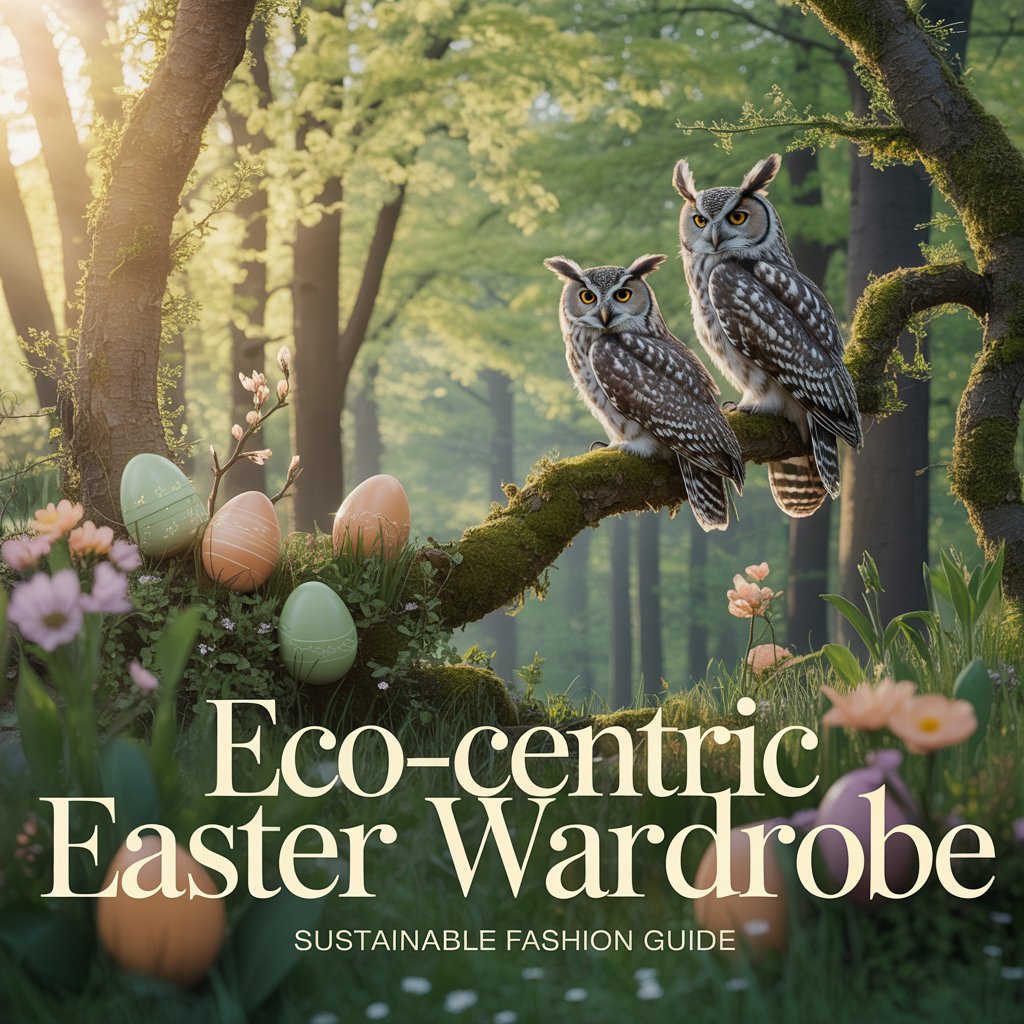 Embroidered-style owls in a bright spring forest with pastel Easter elements and sunlight, representing eco-friendly owl clothing and sustainable wardrobe inspiration.