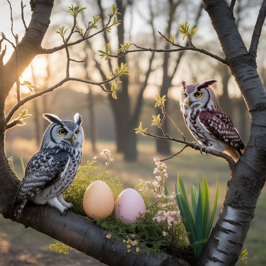 Embroidered-style owls perched in a spring forest with blooming flowers and pastel Easter eggs, symbolizing eco-friendly owl clothing and sustainable fashion renewal.