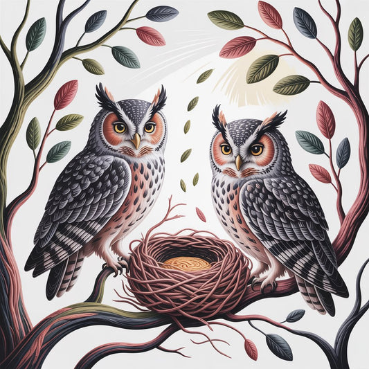 Embroidered-style owls resting near a forest nest in soft morning light, symbolizing eco-friendly owl clothing, sustainable fashion, and nature-inspired revival.