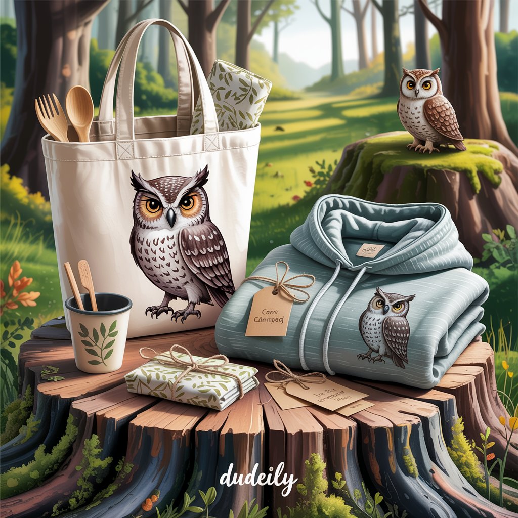 Outdoor flat lay of zero-waste owl-themed gifts including an eco tote bag, organic hoodie, beeswax wrap, and bamboo utensils arranged on a rustic woodland surface in soft autumn light.