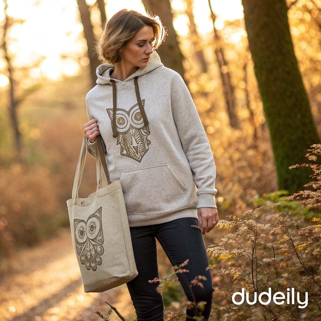 Person wearing a sustainable mid-weight hoodie with embroidered owl design, walking in a sunlit autumn park—blending elegance, comfort, and eco-conscious fashion.