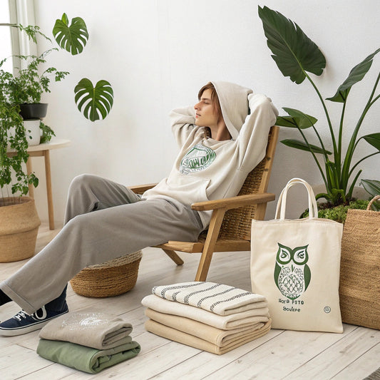 A cozy lifestyle scene featuring a person in organic cotton clothing, surrounded by folded eco-friendly garments, plants, and a sustainable owl-themed tote bag in a naturally lit space.