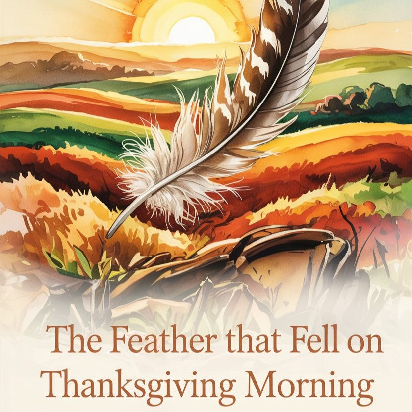 A white owl feather glowing under Thanksgiving sunrise symbolizing gratitude.