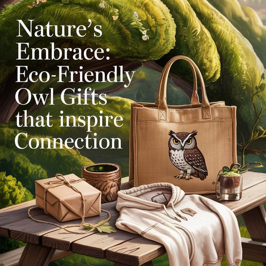 Owl-themed eco gifts on rustic table with plants and soft light. Sustainable fashion and nature-inspired connection in one frame.