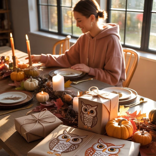 Thanksgiving table with Dudeily eco gifts and owl embroidery