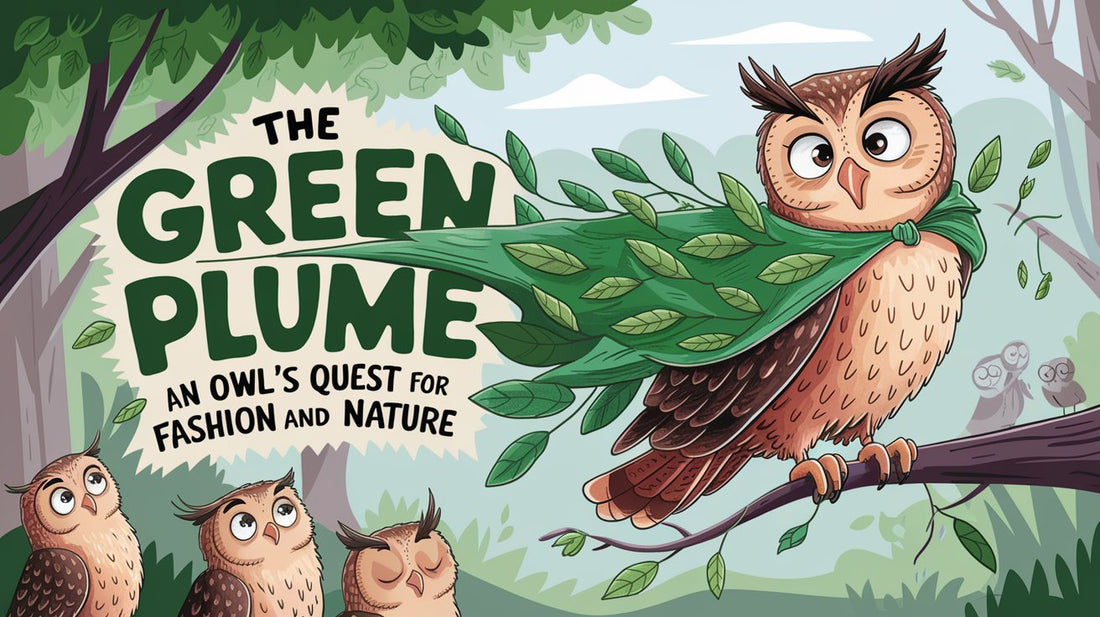 An owl wearing a leafy, eco-friendly cape, struggling to keep it on as the wind blows, while other owls watch with amusement.