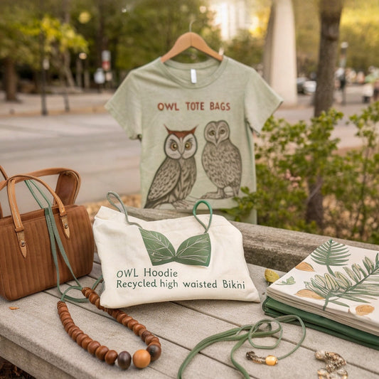 Flat lay and lifestyle shot of eco-friendly owl-themed fashion: organic T-shirt, tote bag, hoodie, and recycled swimwear — styled with nature-inspired accessories in an outdoor setting.