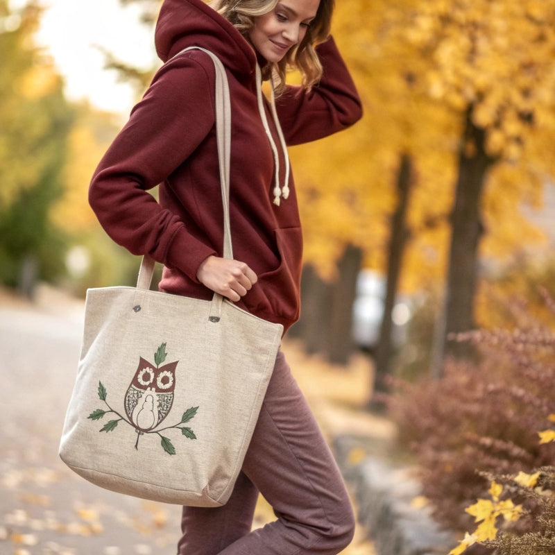Eco-conscious model in autumn park wearing organic hoodie and eco tote with owl embroidery, promoting USA sustainable fall fashion